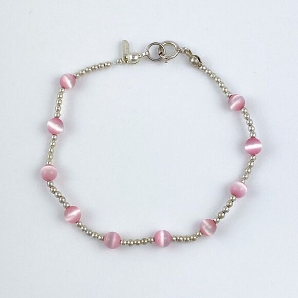 Vintage Jordan Sterling Silver 925 Pink Synthetic Cat's Eye Beaded Bracelet 7.5" - Picture 5 of 8